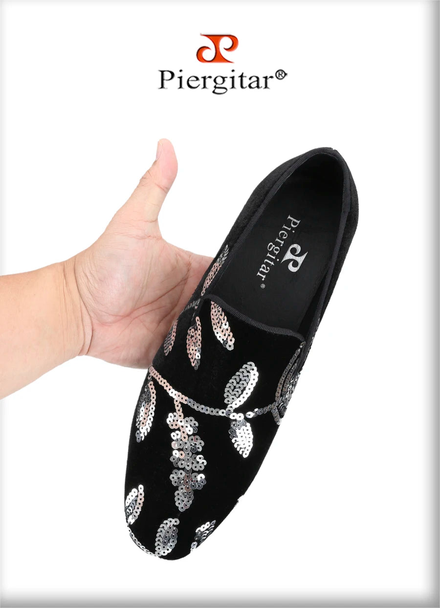 Piergitar Black And Dark Purple Velvet With Handmade Floral Sequin Men's Loafers CL Same Classic Red Outsole Slip-On Moccasins