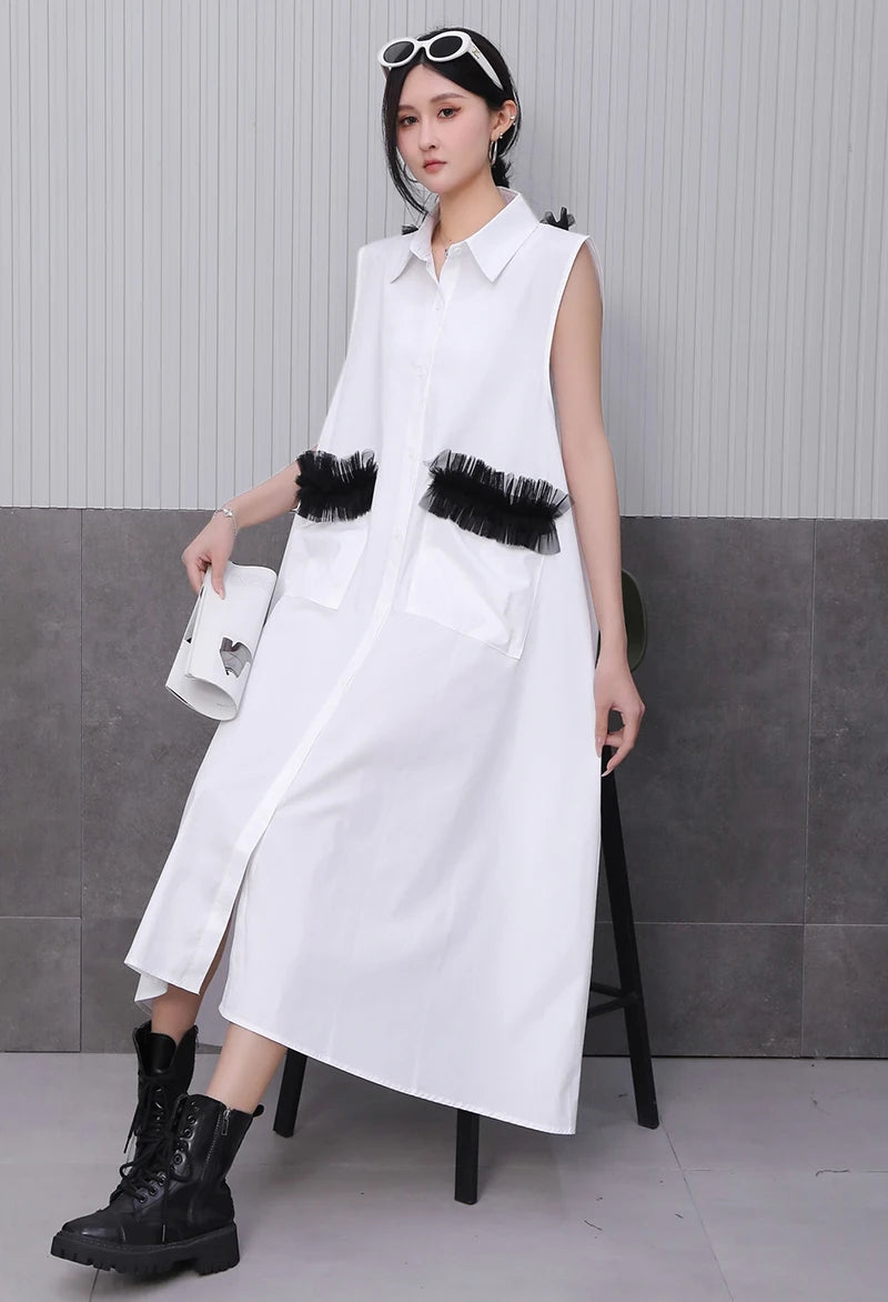 Front Pocket New 2025 Summer Korean Style Woman Black Sleeveless Shirt Dress Loose Fit Chic Holiday Casual Big Size Robe JKXD003