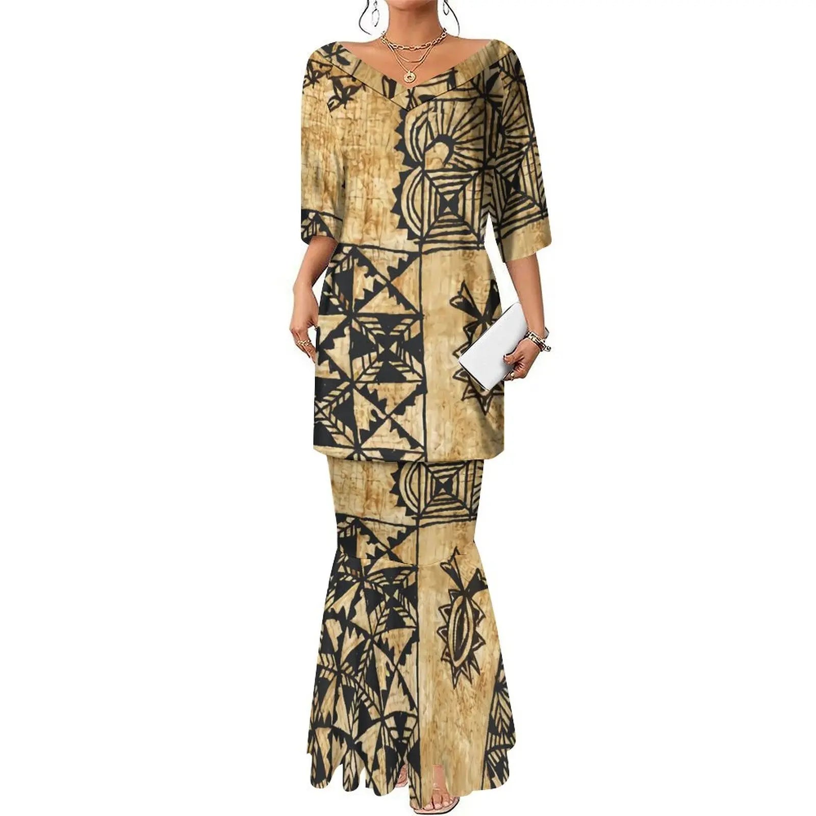 Tribal Peoples Polynesian Custom Couple Banquet Dress Women'S Elegant Dress Men'S Fashion Shirt Samoa Club Women'S Long Dress