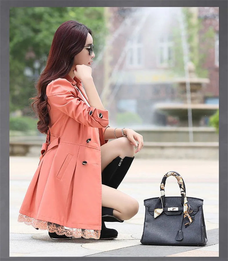 2025Spring Autumn New Windbreaker Coat Women Fashion Slim Mid Long Lace Trench Coat Female Casual Double-breasted Outerwear Tops