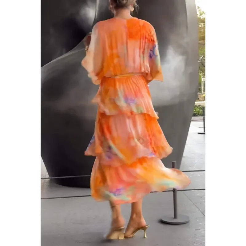 2025 Summer New Elegant Women's Chiffon Dress Fashionable Printed V-neck Short-sleeved Layered Ruffle Loose Lace-up Long Skirt