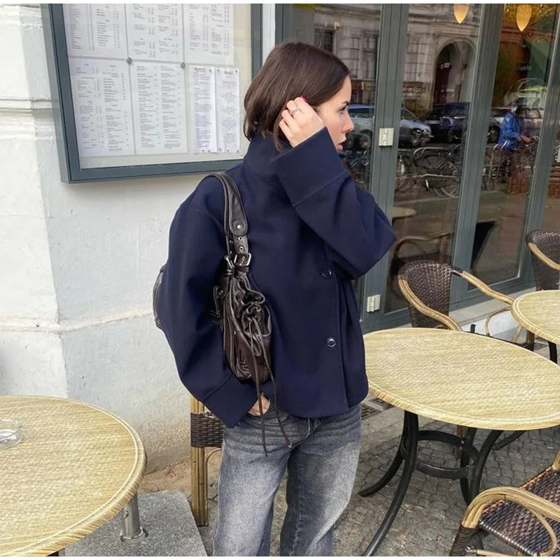 Stand Collar Women Winter Woolen Coats 2025 Spring Single Breasted Loose Female Long Sleeve Jacket Office Lady Street Short Coat