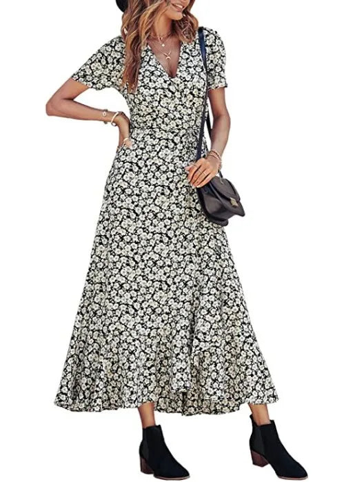 2025 Summer Women's Short-sleeved Dress V-neck Floral High Waist Slim and Stylish Bohemian Pleated Long Skirt