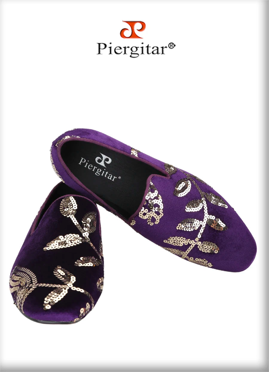 Piergitar Black And Dark Purple Velvet With Handmade Floral Sequin Men's Loafers CL Same Classic Red Outsole Slip-On Moccasins