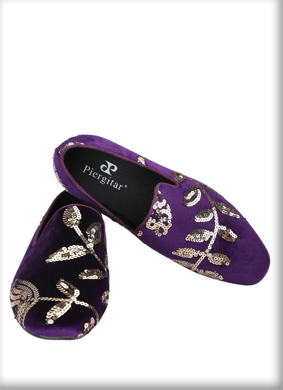 Black and Dark Purple Velvet with Handmade Floral Sequins Men's Loafers CL The Classic Red Outsole Moccasins