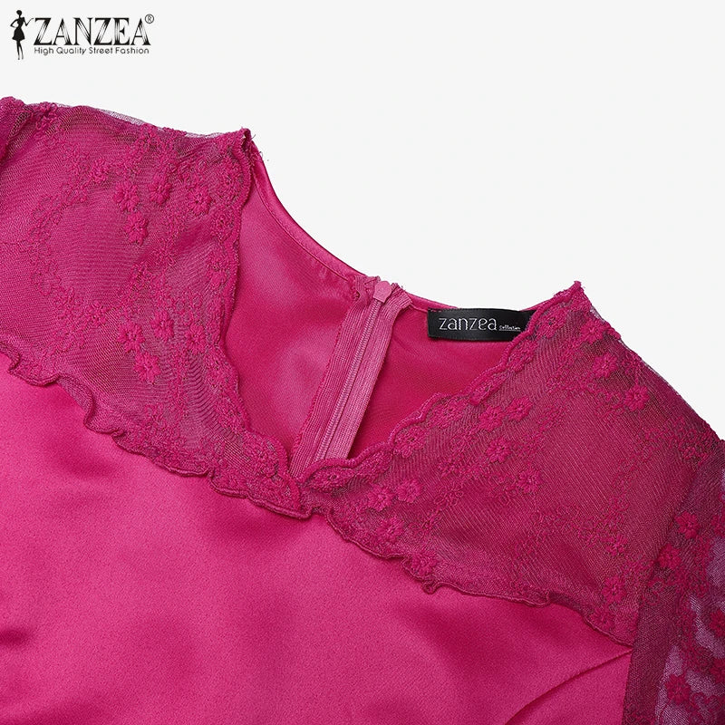 Women Summer Lace Patchwork Dresses ZANZEA Elegant Party Work Dress Fashion 3/4 Flared Sleeve V-Neck Satin Vestidos Robe Femme