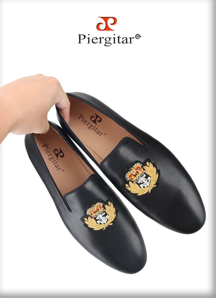 Piergitar Summer New Arrival Cow Leather Men Loafers With Luxurious Royal Style Gold Embroidery For Party Handmade Slip-On Shoes