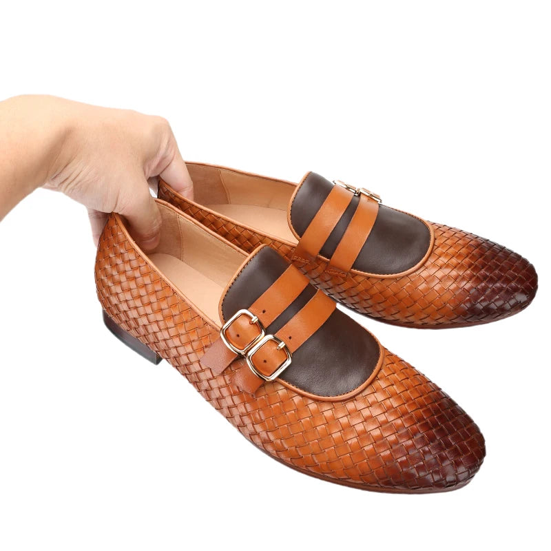 Men's Hand-Rubbed Brown Woven Calfskin Monk Shoes with Cross-Tied Handmade Loafers Genuine Lining