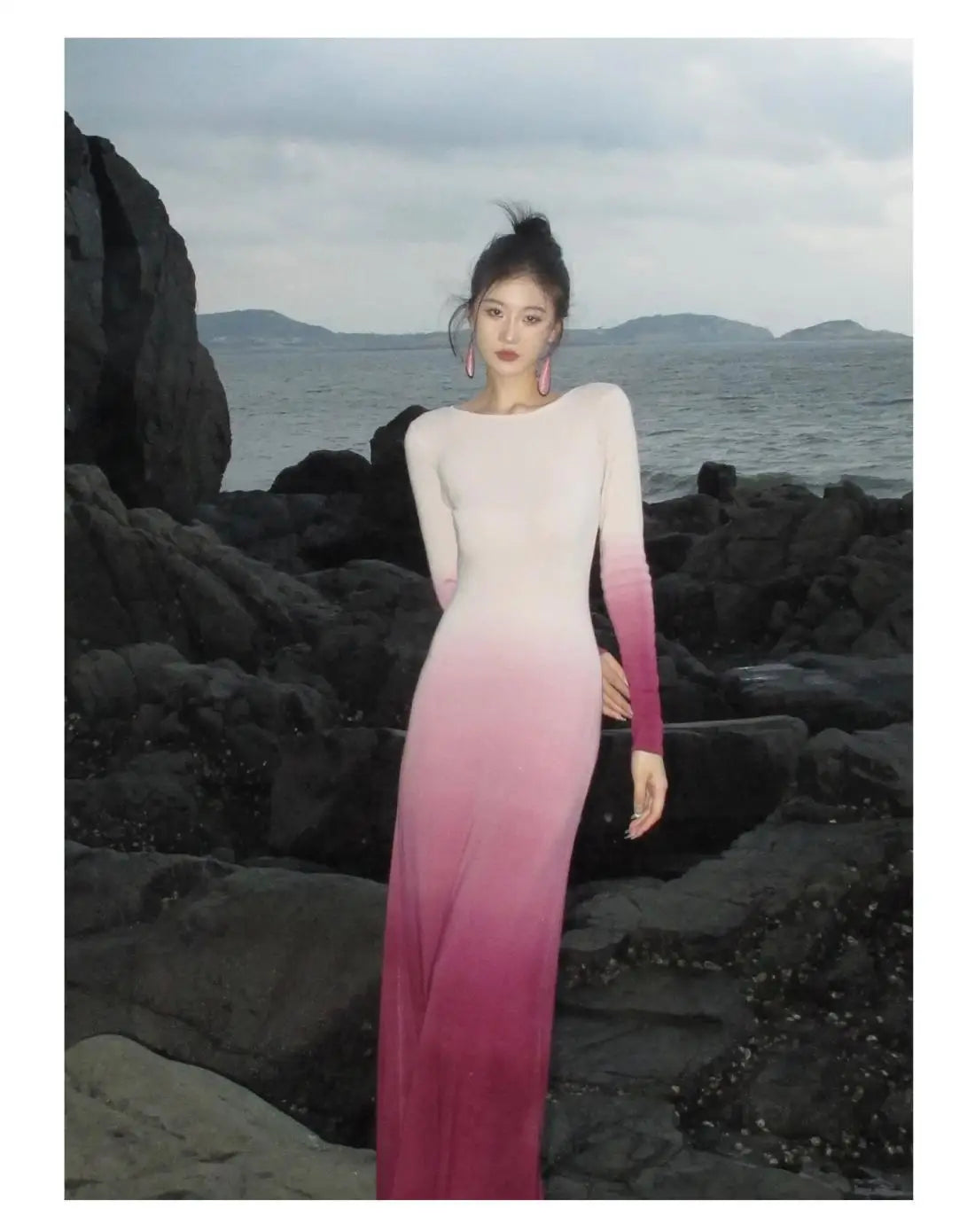Tie-Dye Gradient Spring/Autumn Dress with Exquisite Back Cutout and Elegant Long Skirt