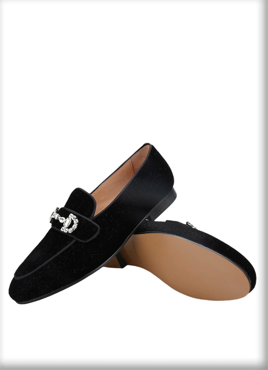 Black Velvet Loafers For Men With Crystal Rhinestone Horsebit Embellishments