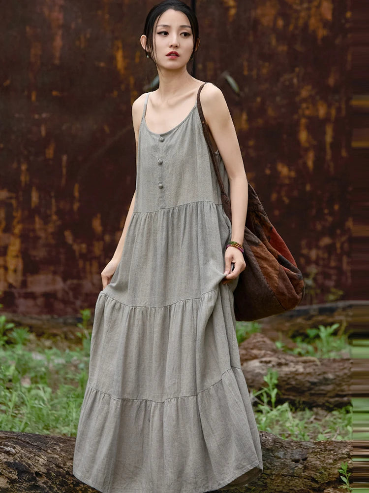 Cotton Linen Long Spaghetti Strap Dress
