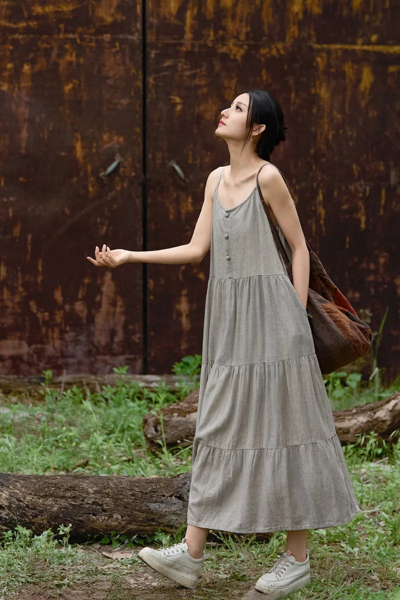 Cotton Linen Long Spaghetti Strap Dress