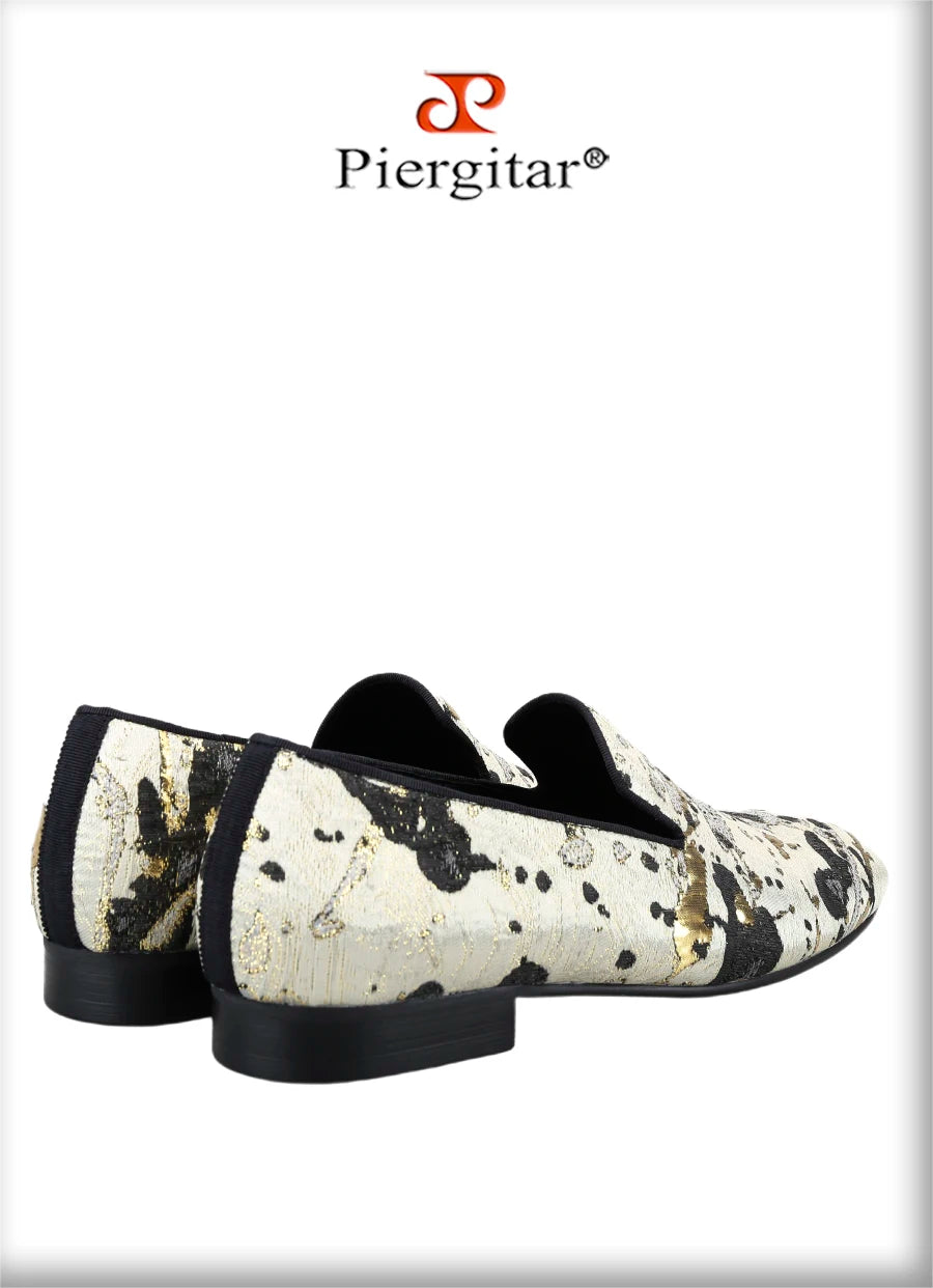 Piergitar Gold Color Ink Embossed Silk Men's Loafers Slip-On Model Handmade Moccasins For Wedding Breathable Leather Insole