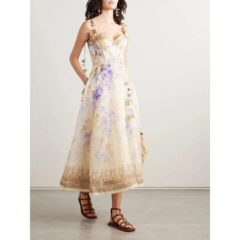 2025 New French High Quality Luxury Chic Dress Appliques Floral Print Spring Summer Strapless Women Holiday Spaghetti Midi Dress