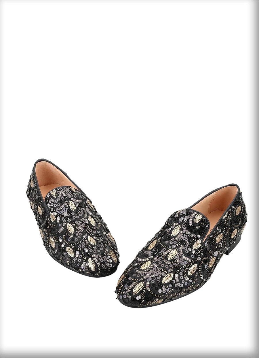Mens smoking slippers handmade with leather insoles and gold and black glitter beads