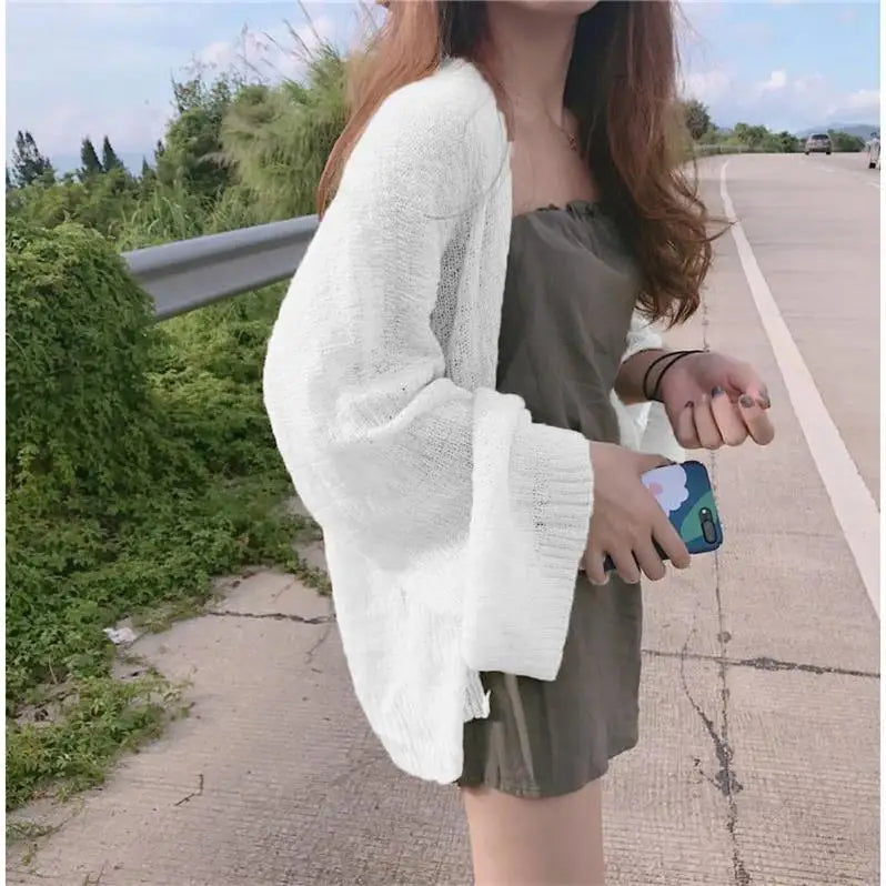 Women Women's Korean College Style Lazy Loose Sunscreen Cardigan Summer Sexy Knitting Cardigan One Size