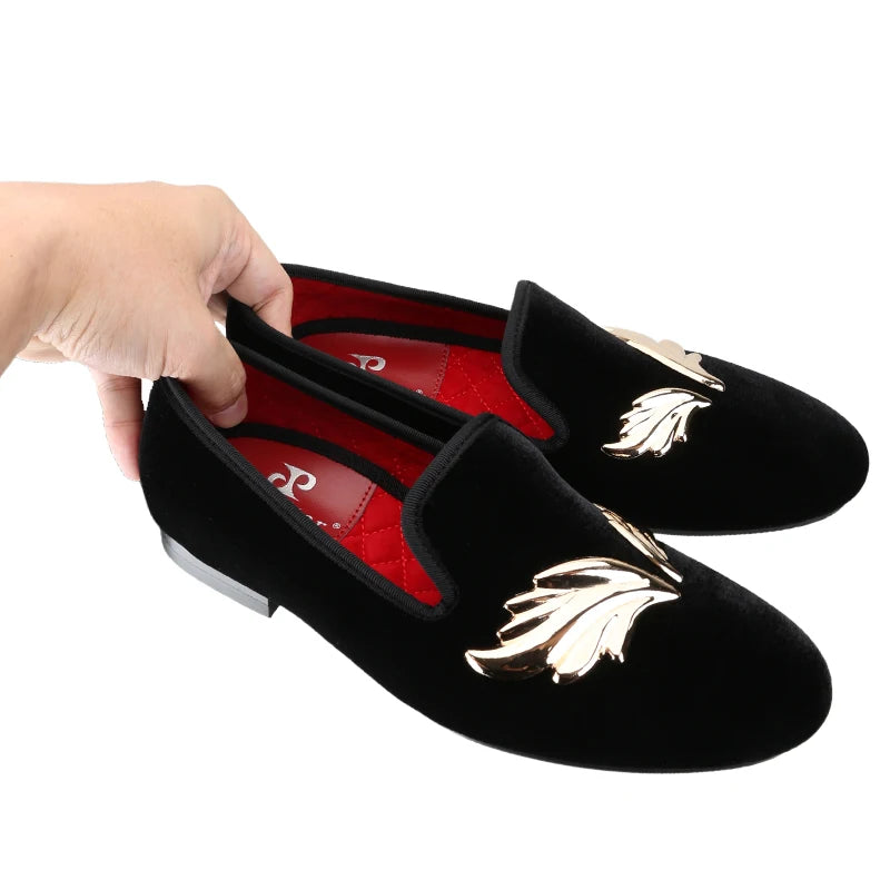 Piergitar Handcraft Black Velvet Slip-On Shoes With Gold Wings Metal Buckles For Wedding And Prom Classic Style Men's Loafers