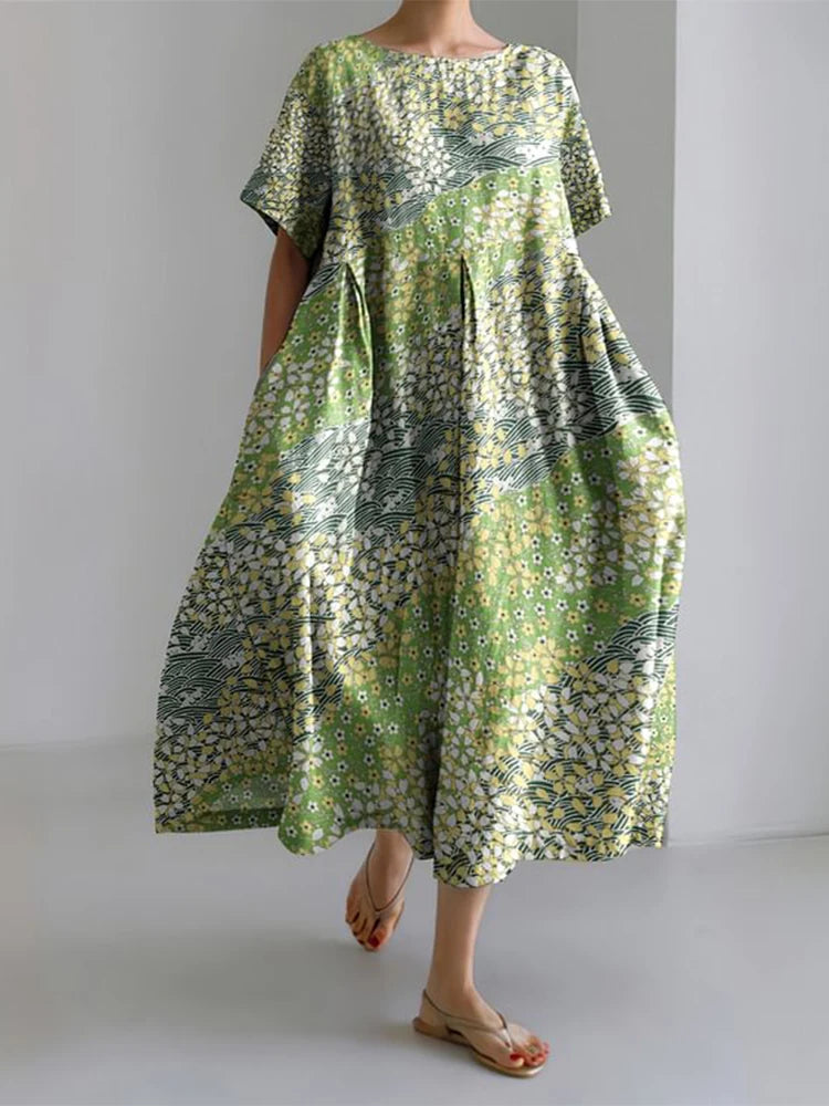 2024 Women's New Round Neck Long Casual Summer Dress Large Size Fresh Print