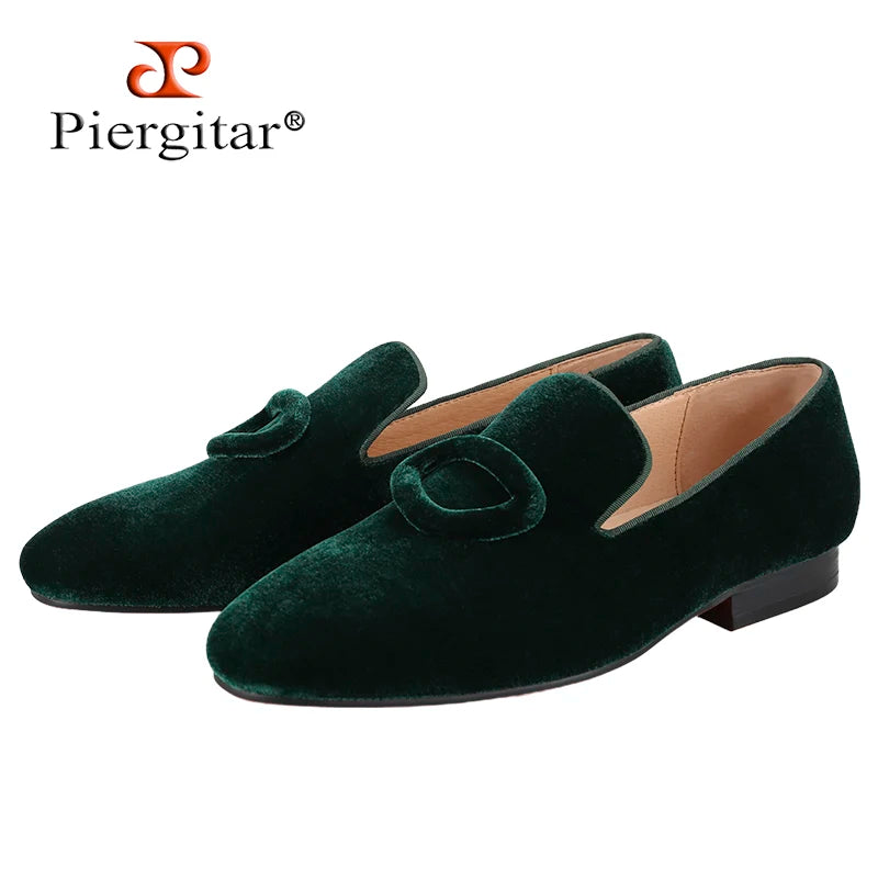 Piergitar New Arrival Two Colors Velvet Men's Smoking Slippers With Matching Velvet Buckles Handmade Slip-On Loafers Red Bottom