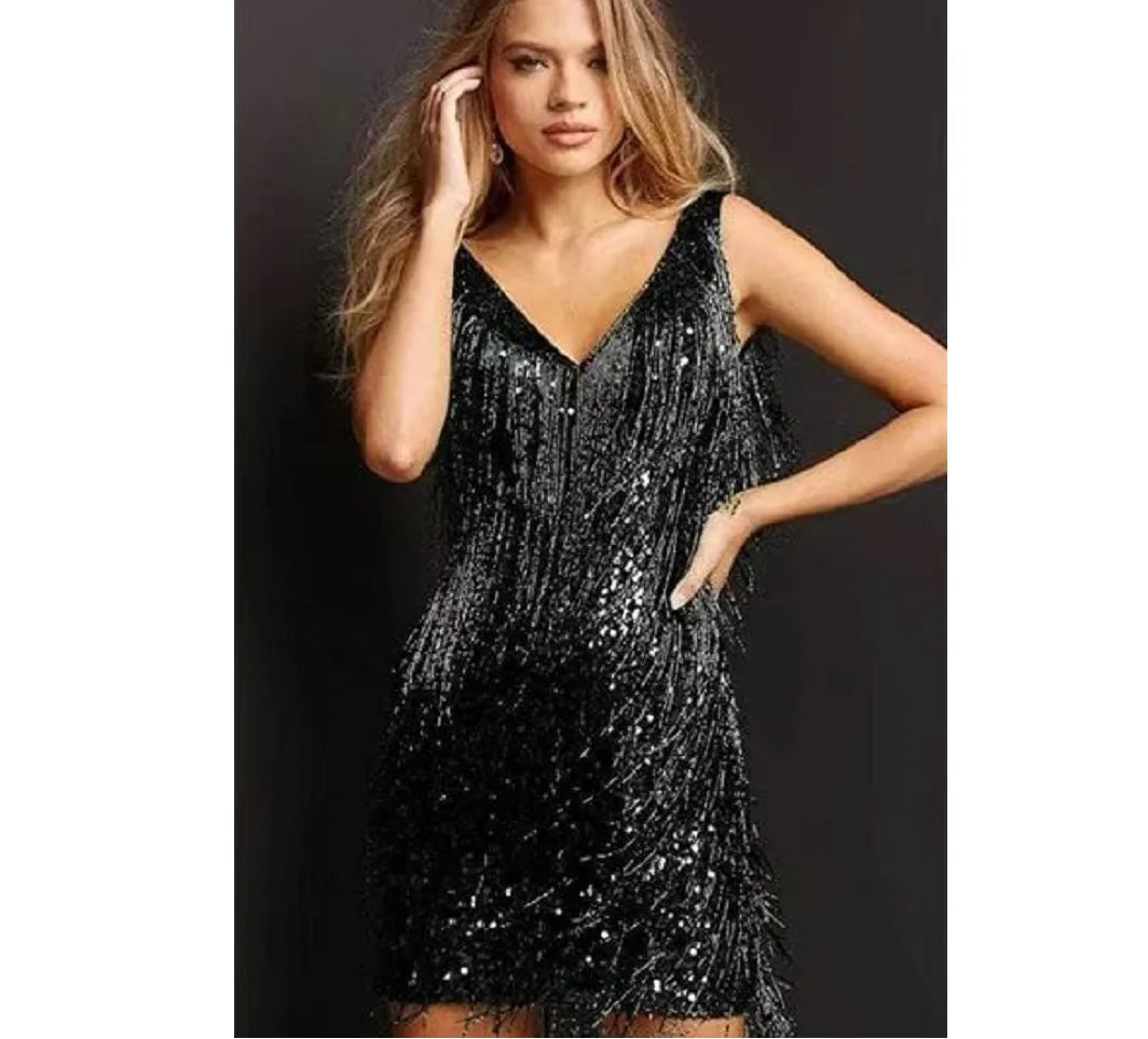 Women's V-neck Deep Sleeveless Pencil Dresses with Fringes