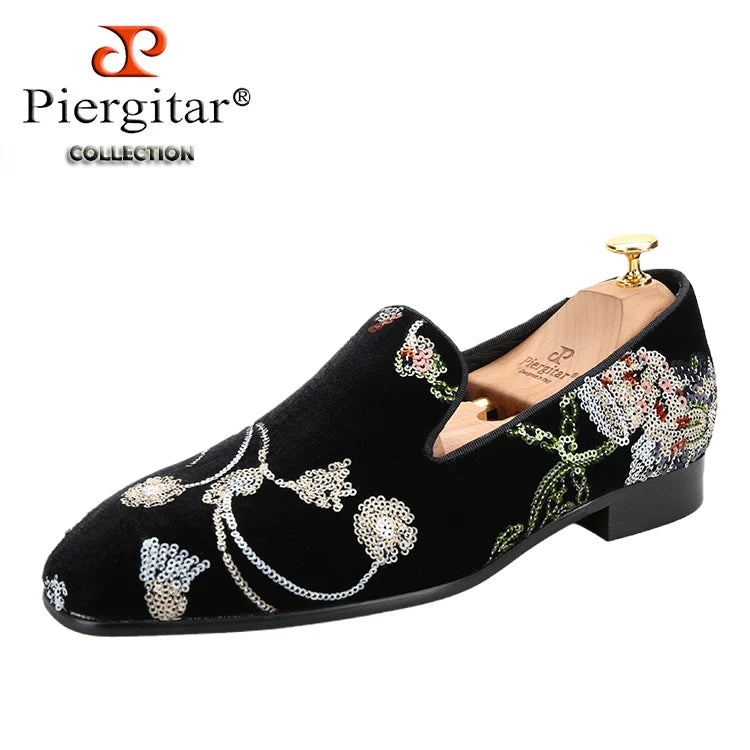 Piergitar Black And Grass Green Velvet With Handmade Classical Chinese Style Sequin Embroidery Men's Loafers Red Sole Moccasins