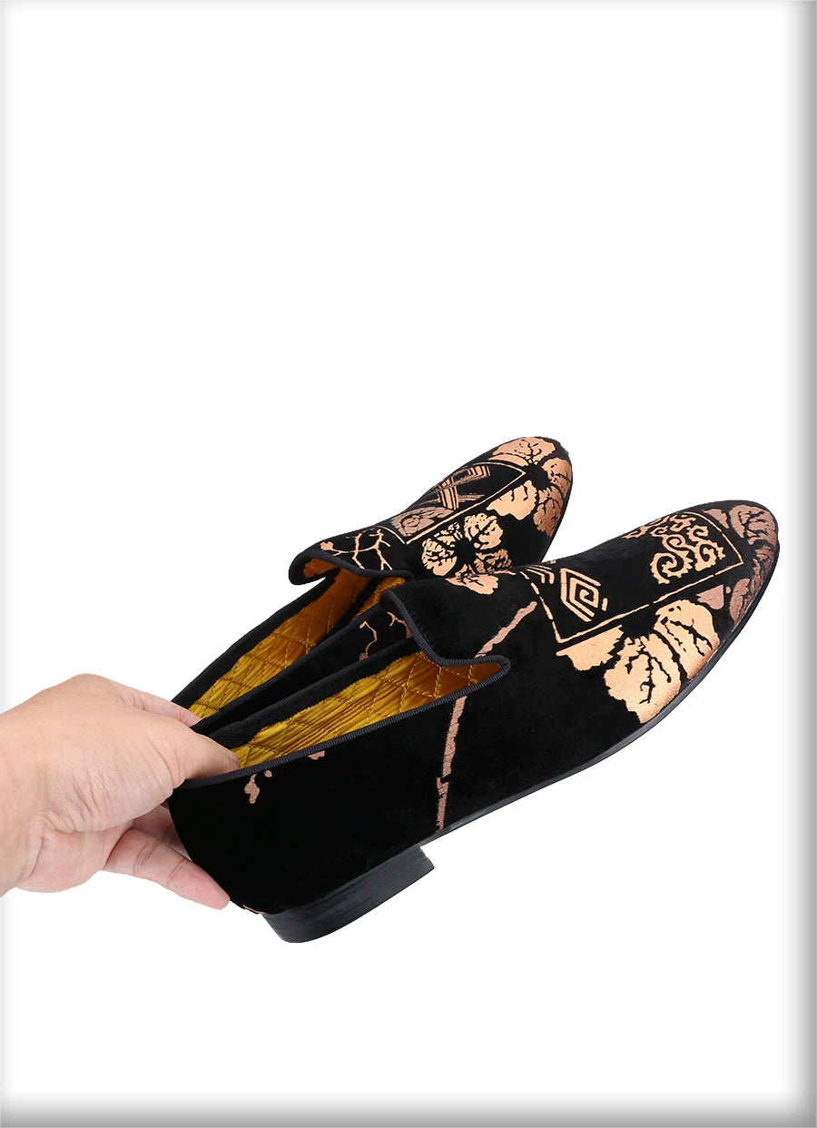 Customized Chinese style slip-on smoking shoes with gold totem print on black velvet.