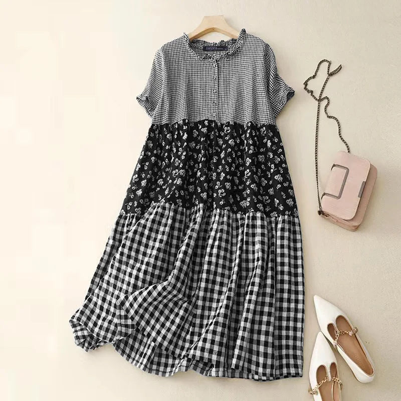 ZANZEA Women Plaid Long Dress 2024 Summer Holiday Pleating Stitching Shirt Dress Casual Loose Short Sleeve Robe Fashion Sundress