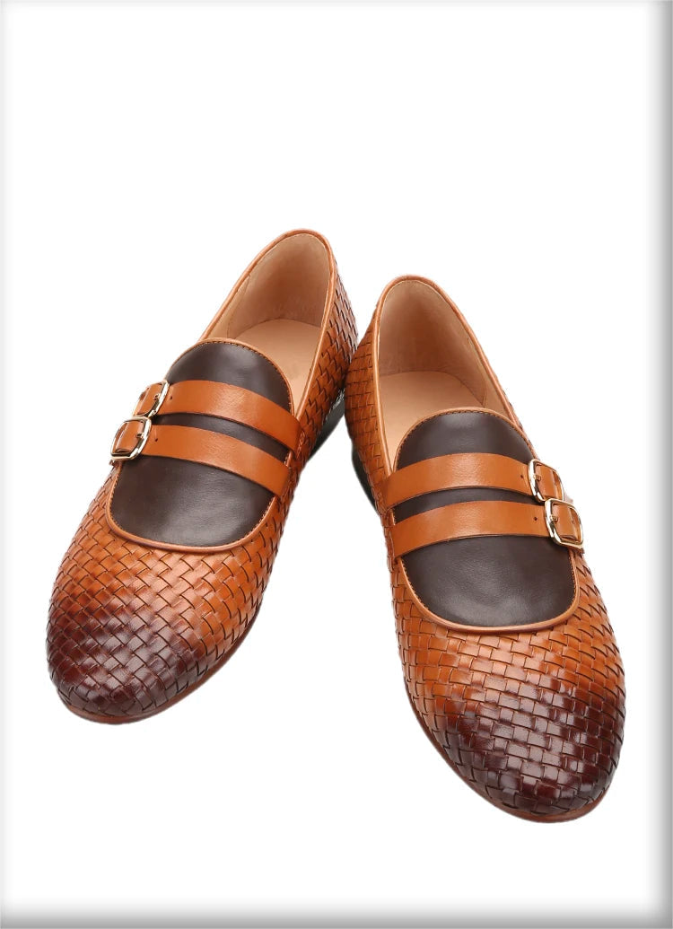 Men's Hand-Rubbed Brown Woven Calfskin Monk Shoes with Cross-Tied Handmade Loafers Genuine Lining