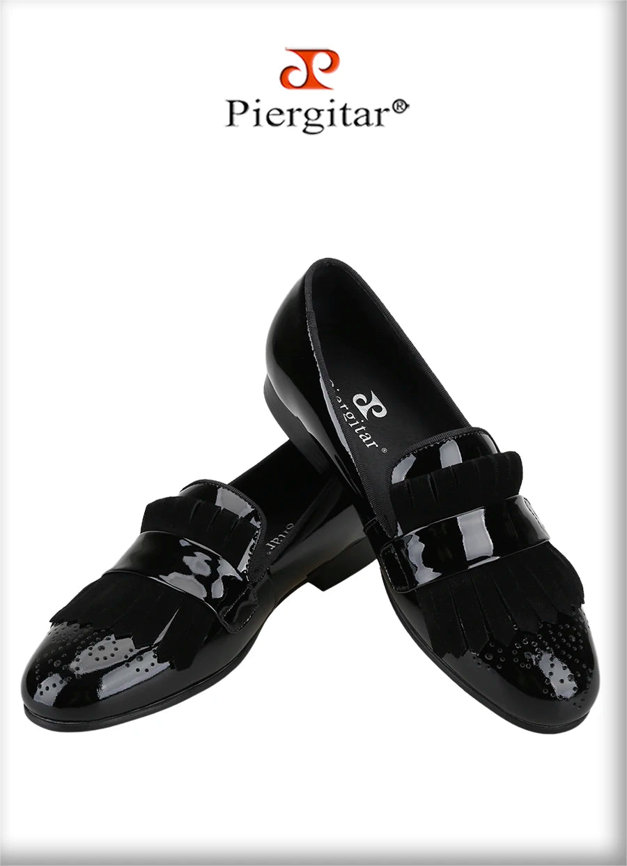 Piergitar New Style Handmade Patent Leather Shoes With Classical Brogue Printing And Suede Fringe Party/Wedding Men's Loafers