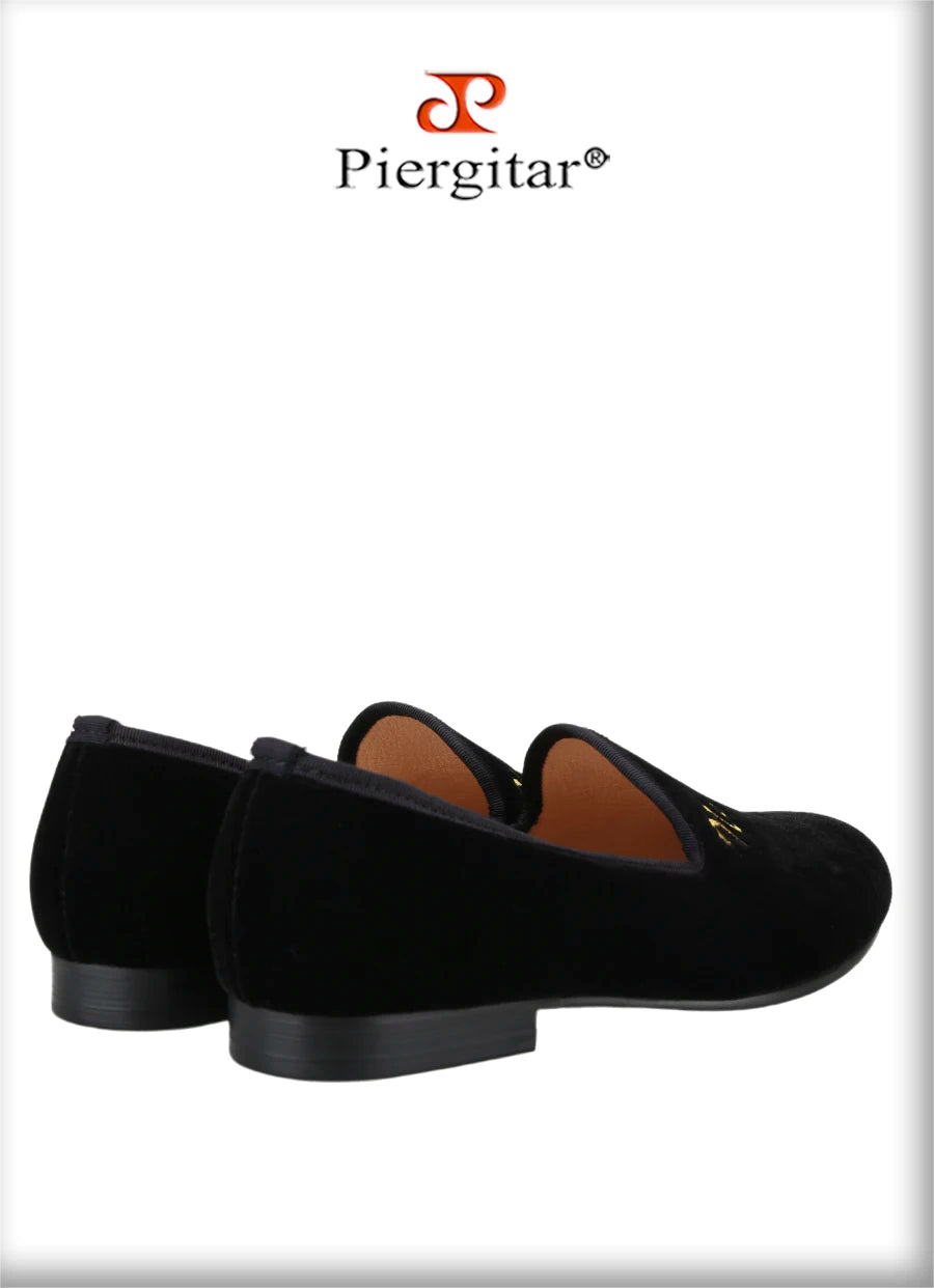 Piergitar BLack Velvet Men Moccasin With Gold Personality Letters Embroidery For Banquet And Party Handmade Slip-On Loafers