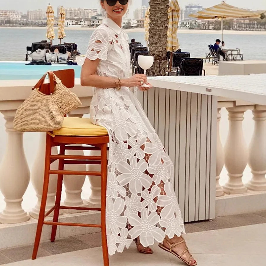 Women's Hollow Lapel Tie Up Lace Dress
