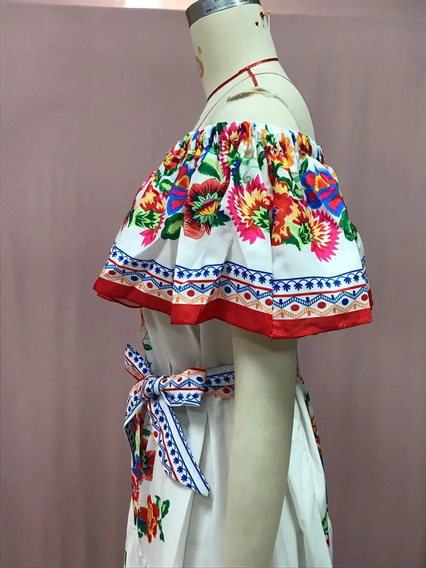 2024 Spring/Summer New Women Retro Fashion One Shoulder Red Flower Printed Waist Collection Long Style Large Swing Casual Dress