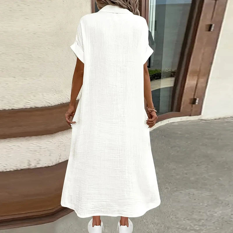 Women's Cotton Linen Short Sleeve Pocket Casual Shirtdress with V-Neck and Button Up Holiday Dresses
