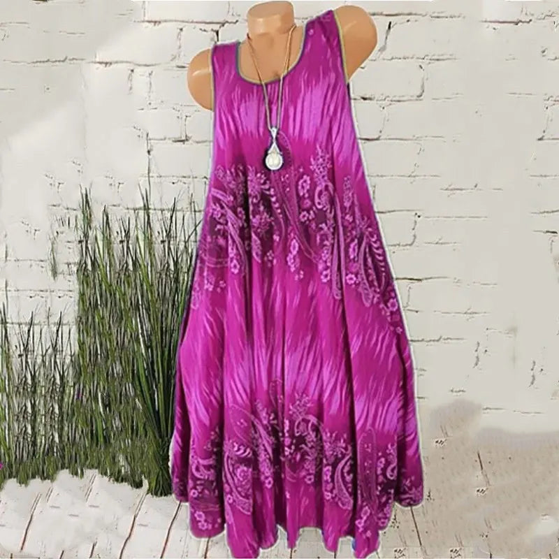 Elegant Floral Printed Lace Stitching O-Neck Sleeveless Women Summer Loose Tank Dress 2024