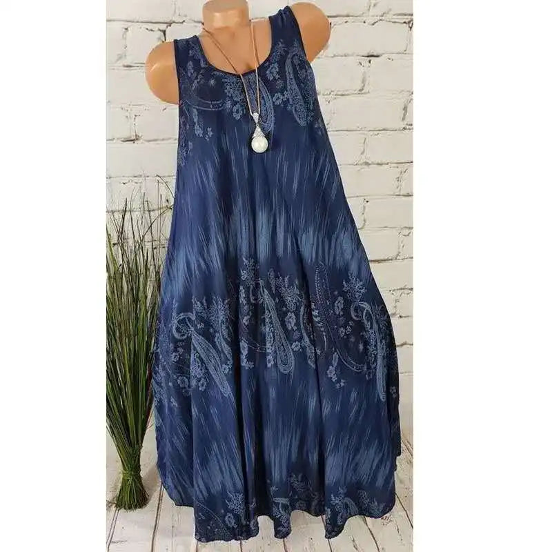 Elegant Floral Printed Lace Stitching O-Neck Sleeveless Women Summer Loose Tank Dress 2024
