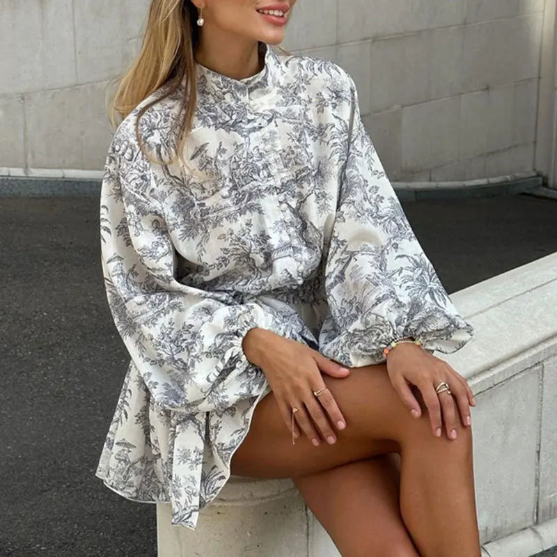 Elegant Fashion Long Sleeve Printed Dress Independent Station New Women's Clothing Line Tie Waist Chinese Style Print Dress