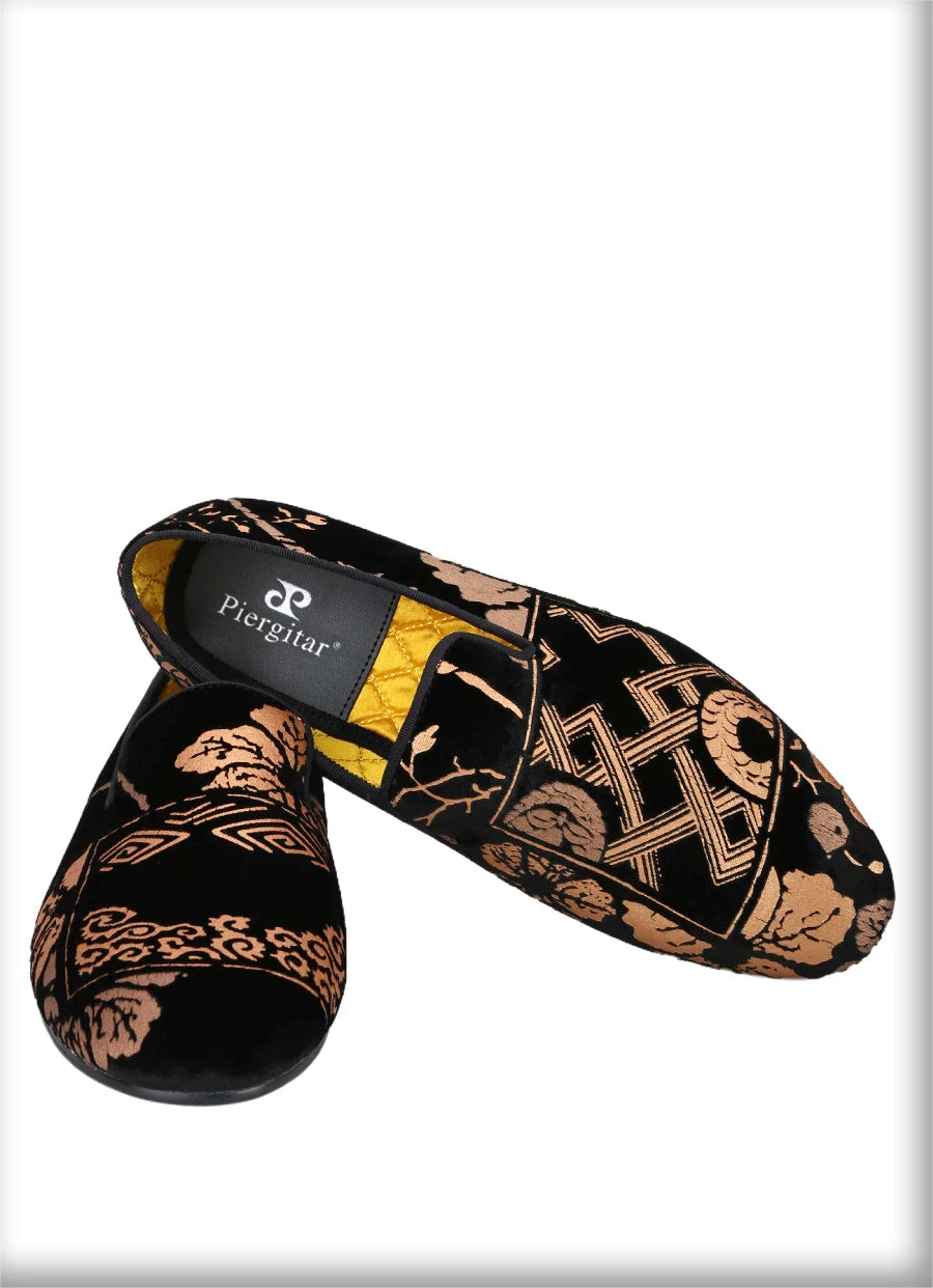 Customized Chinese style slip-on smoking shoes with gold totem print on black velvet.