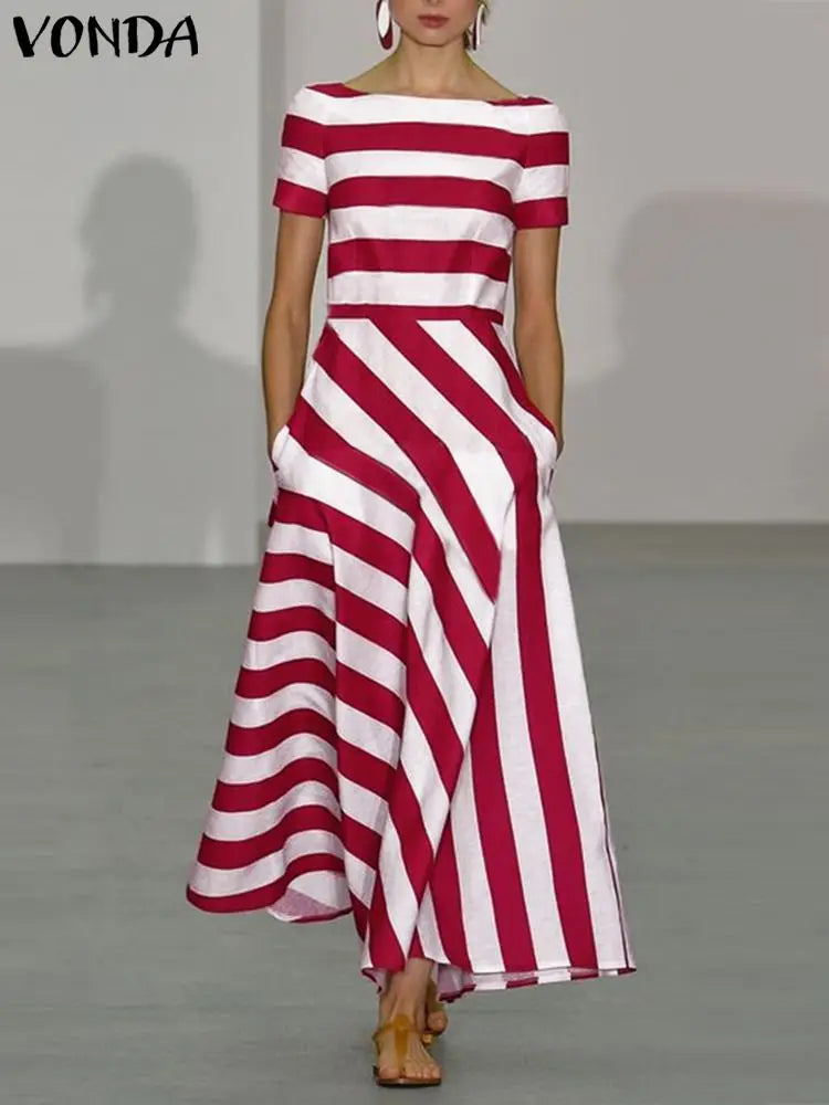 Stripe Maxi Dress VONDA Women Sexy Off Shoulder Printed Sundress 2024 Elegant Casual Loose Short Sleeve Robe Bohemian Vestidos