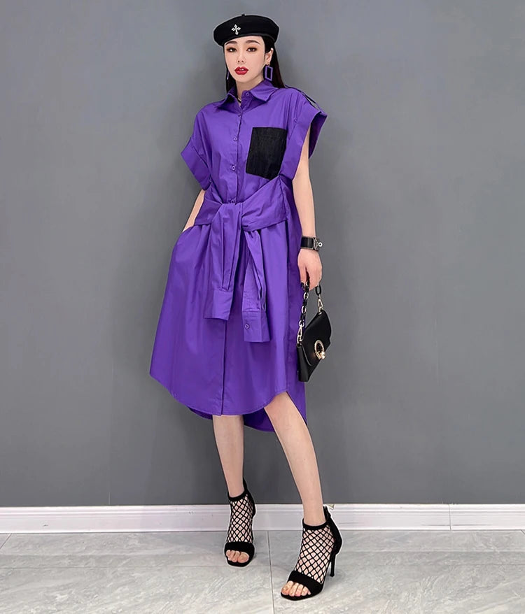 Extra Sleeves Decorated New 2025 Summer Korean Style Woman Purple Shirt Dress Loose Fit Chic Unique Big Size Casual Robe JKXD005