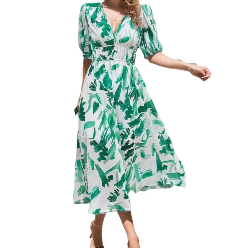 Women's summer dress 2025 fashion printed waist-cinching dress; holiday long dress; party dress; ladies' clothing.