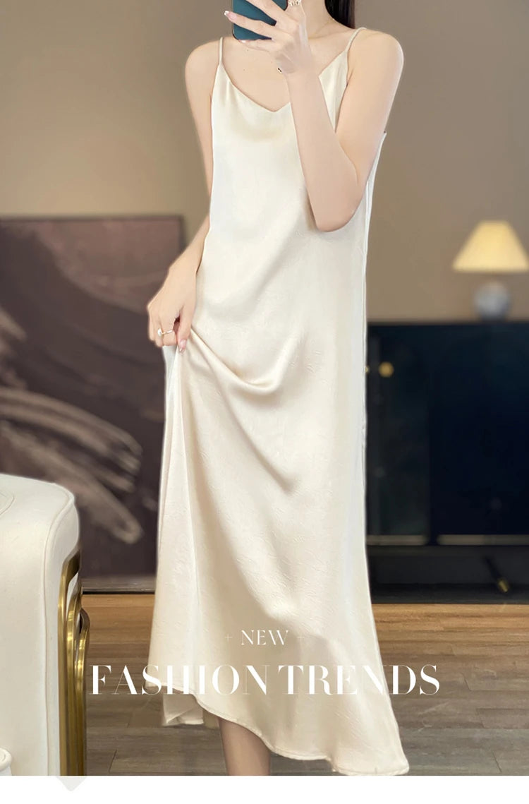 2025 New 100% Anti Wrinkle Mulberry Silk Strap Dress for Women's Summer New Loose Long Skirt