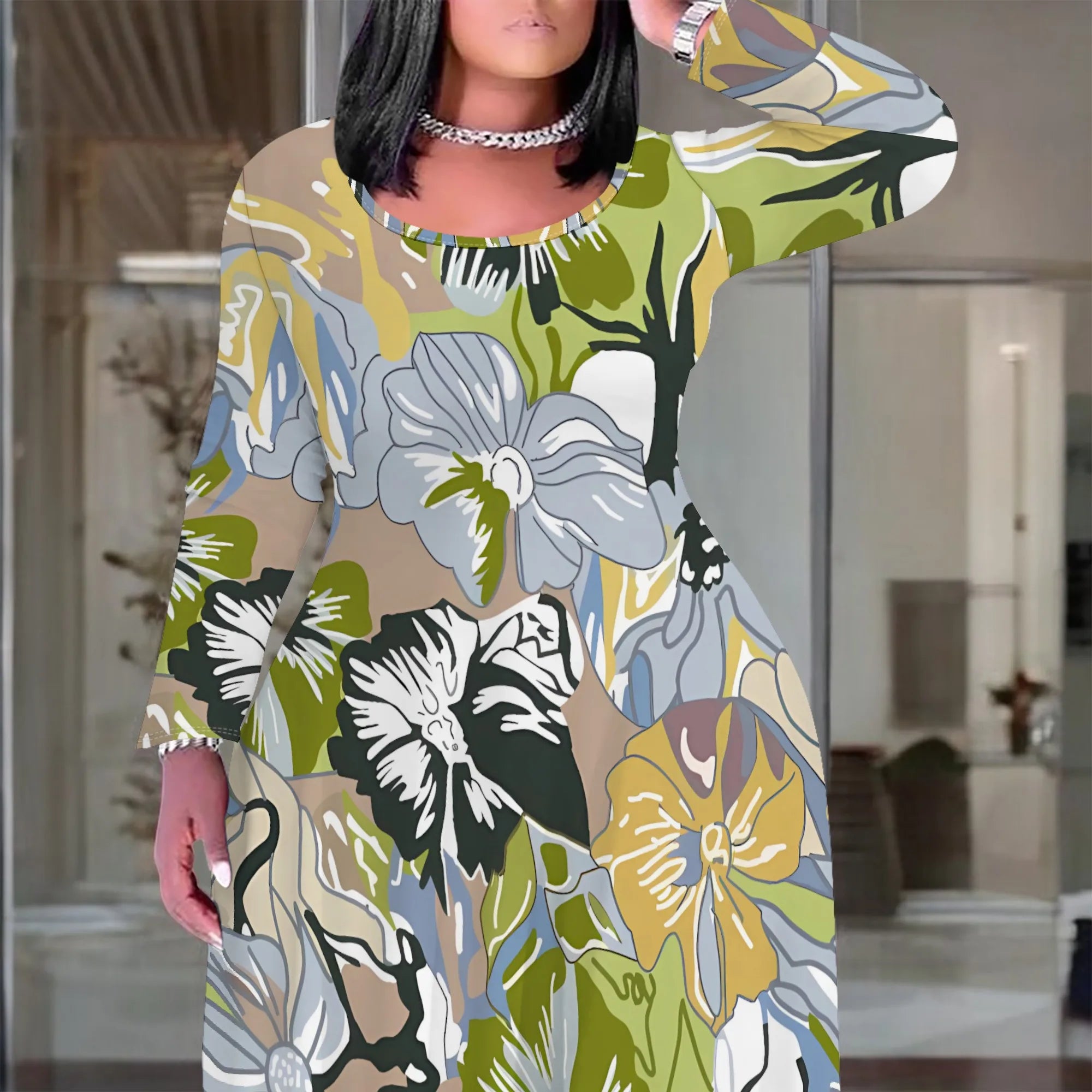 Plus Size Green Floral Print Maxi Dress Long Sleeve Comfortable Everyday Look