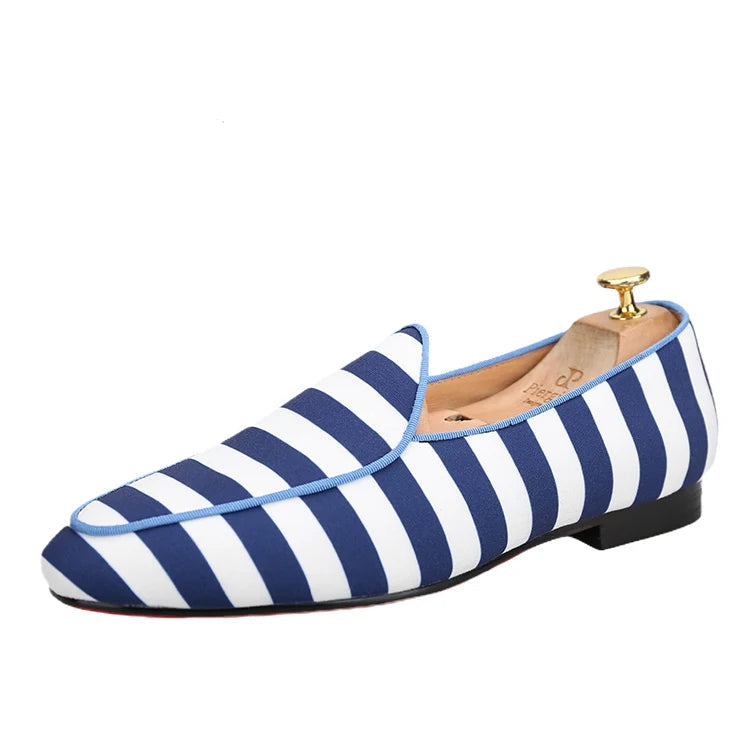 Red Bottom Male Slip-On Loafers With Blue And White Stripes Canvas For Prom And Party New Arrival