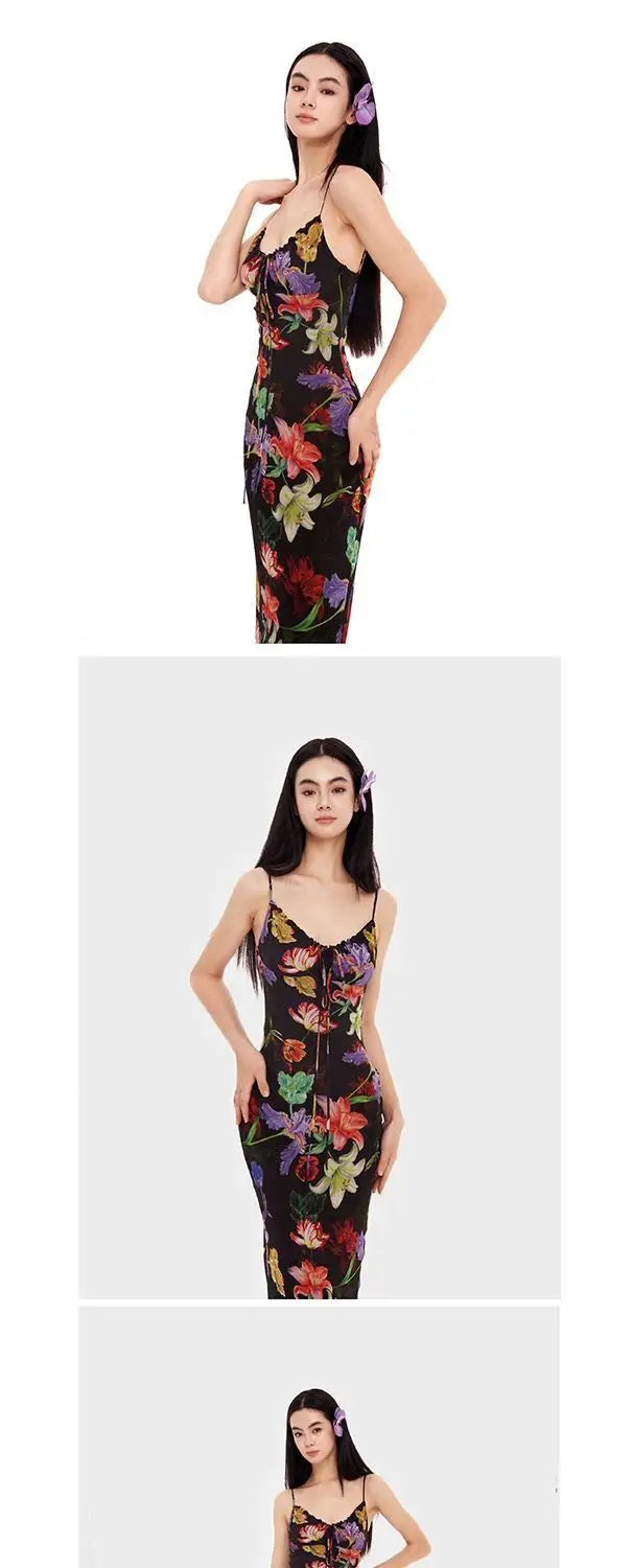 Black Tropical Maxi Dress 2025 Women Sleeveless Bodycon Mesh Dress Jungle Print Backless Evening Dress Dark Flora Aesthetic