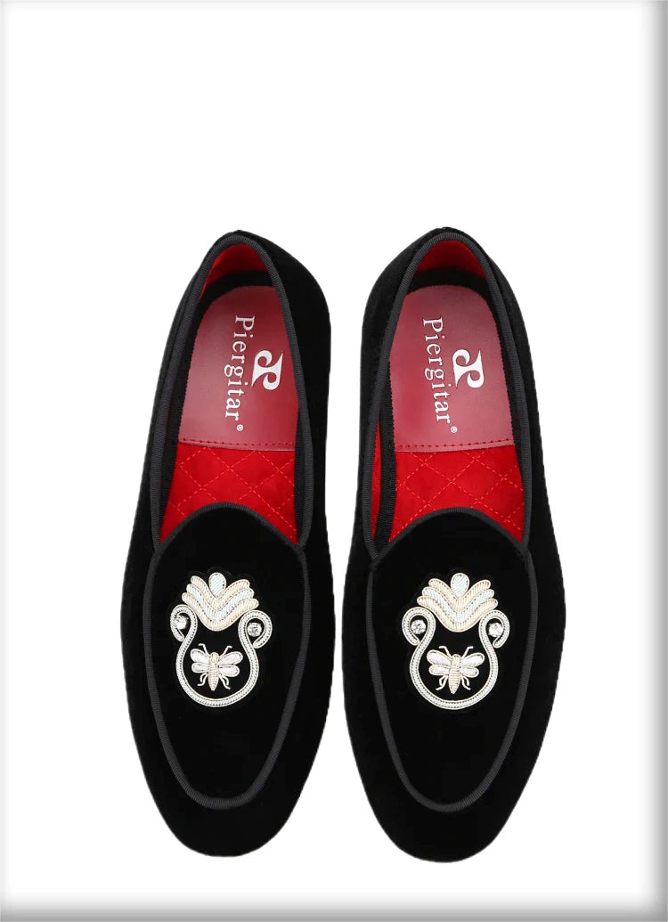 Black Velvet Men's Loafers with Embroidered Bee Rhinestone Patches and Red Outsole