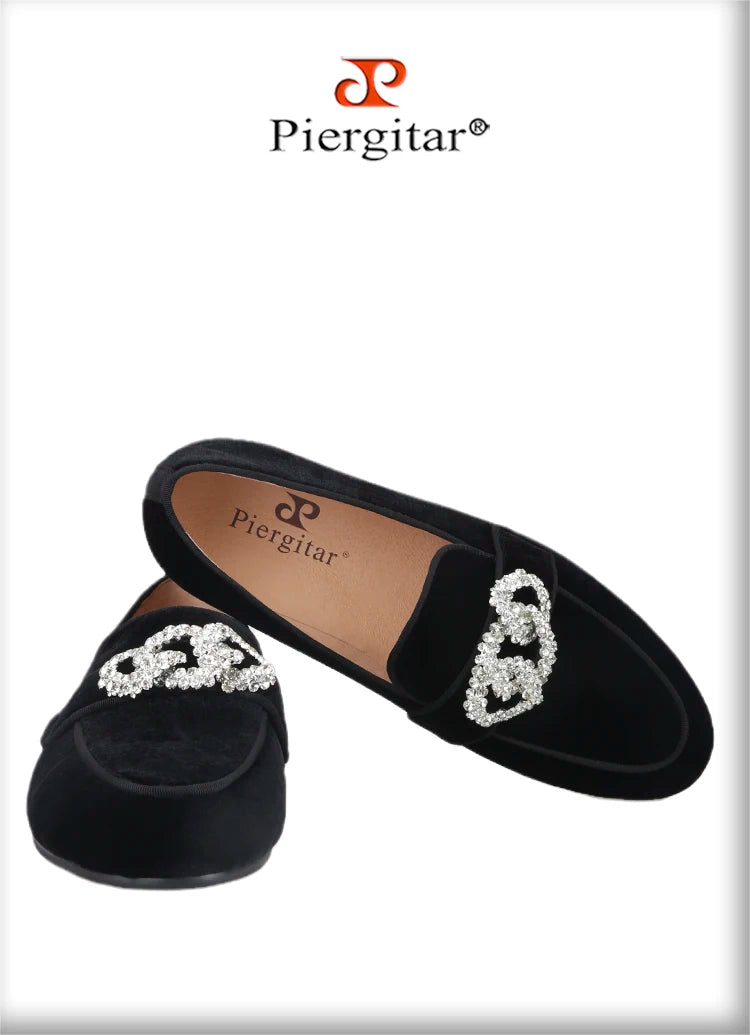 Piergitar Black Velvet Slippers With Matching Gros-grin Piping And Chain-Shaped Allover Crystals Handmade Slip-On Men's Loafers
