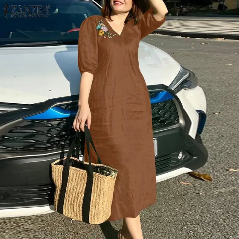 Women's V-Neck Floral Embroidery Midi Dress