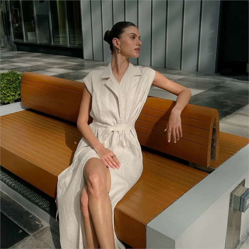 2025 Autumn New Style Commuter Long Skirt For Women Elegant Fashionable Solid Color Lapel Sleeveless High Waist Lace-up Dress