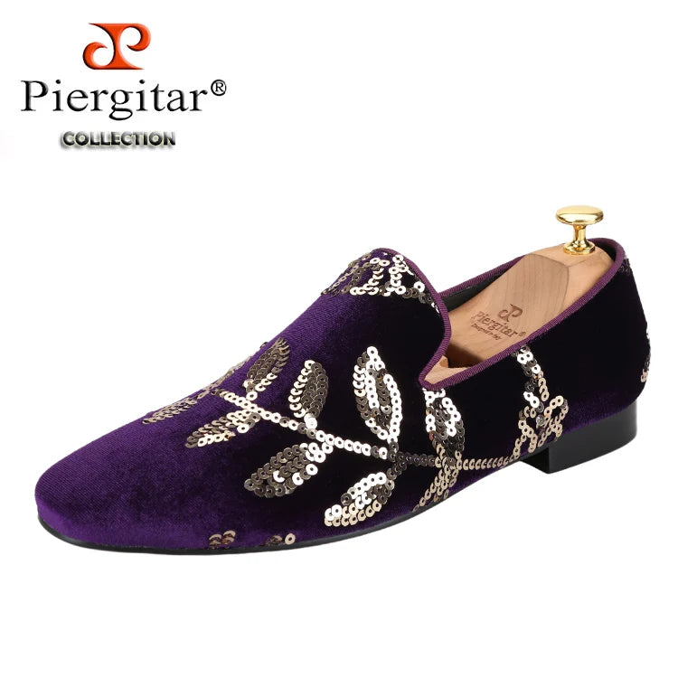 Piergitar Black And Dark Purple Velvet With Handmade Floral Sequin Men's Loafers CL Same Classic Red Outsole Slip-On Moccasins