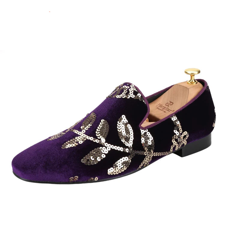 Black and Dark Purple Velvet with Handmade Floral Sequins Men's Loafers CL The Classic Red Outsole Moccasins